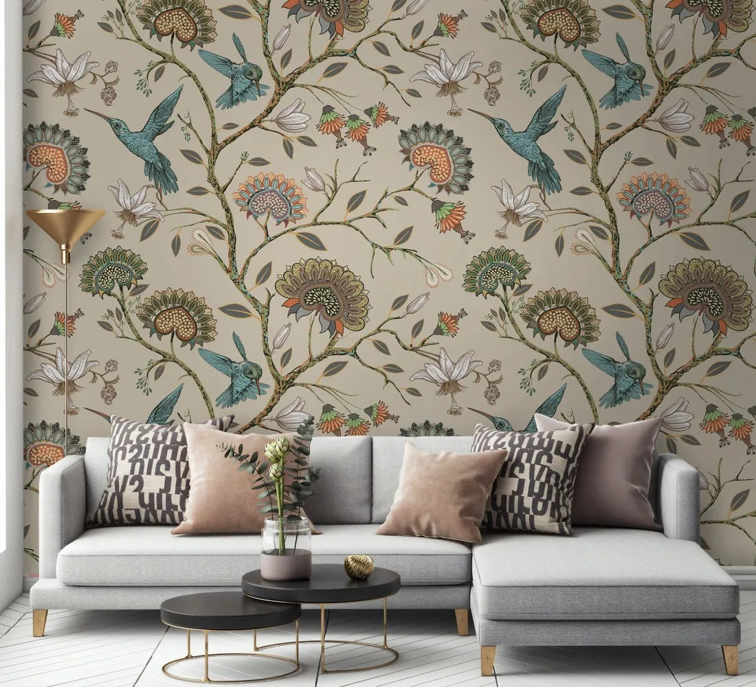 Papier peint sur mesure colibris et arbre fleuri - Poésie Murale