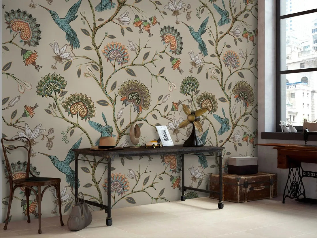 Papier peint sur mesure colibris et arbre fleuri
