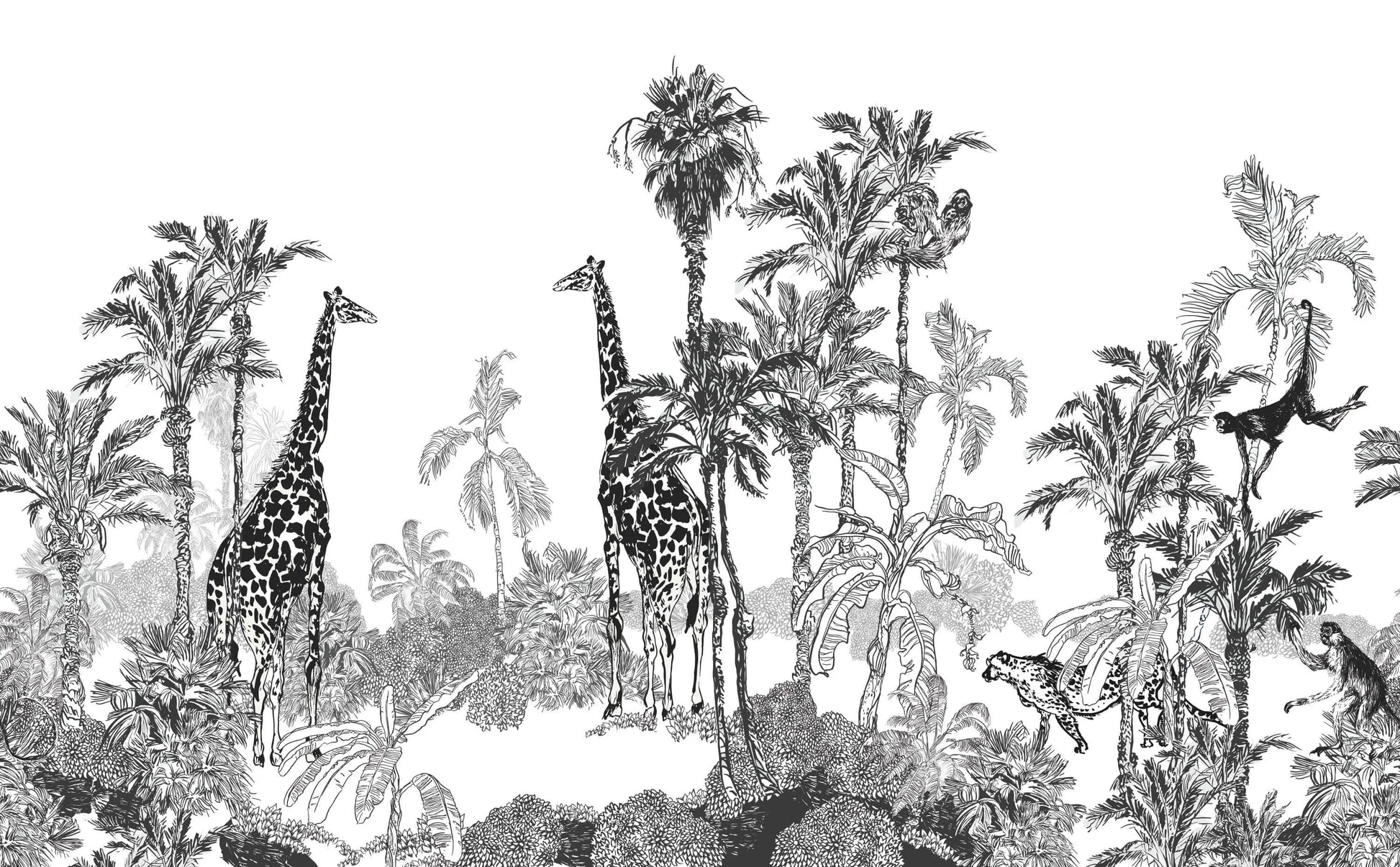 Papier peint girafe dans la savane noir et blanc - Poésie Murale