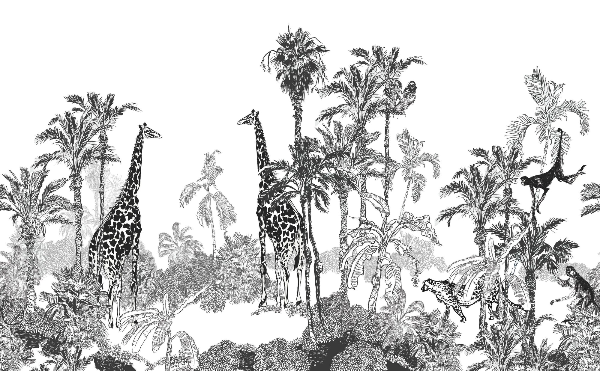 Papier peint girafe dans la savane noir et blanc