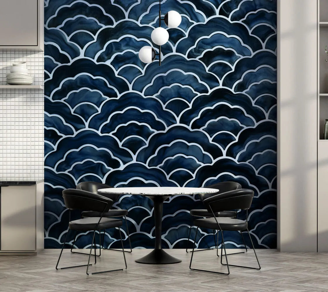 Papier peint effet carrelage vagues bleues - Poésie Murale