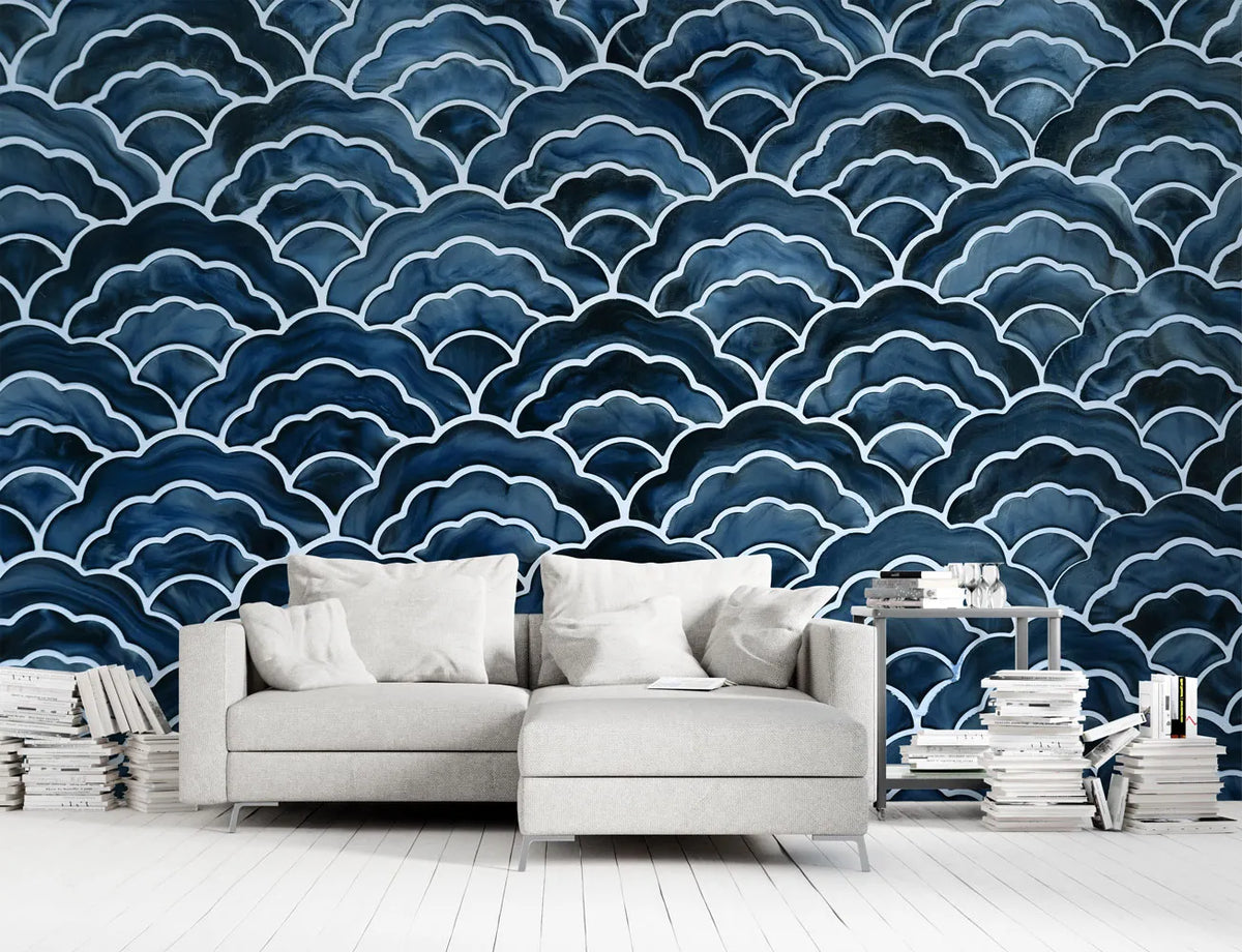 Papier peint effet carrelage vagues bleues - Poésie Murale