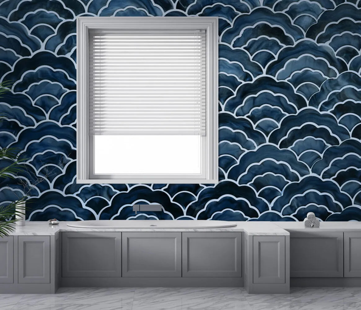 Papier peint effet carrelage vagues bleues - Poésie Murale