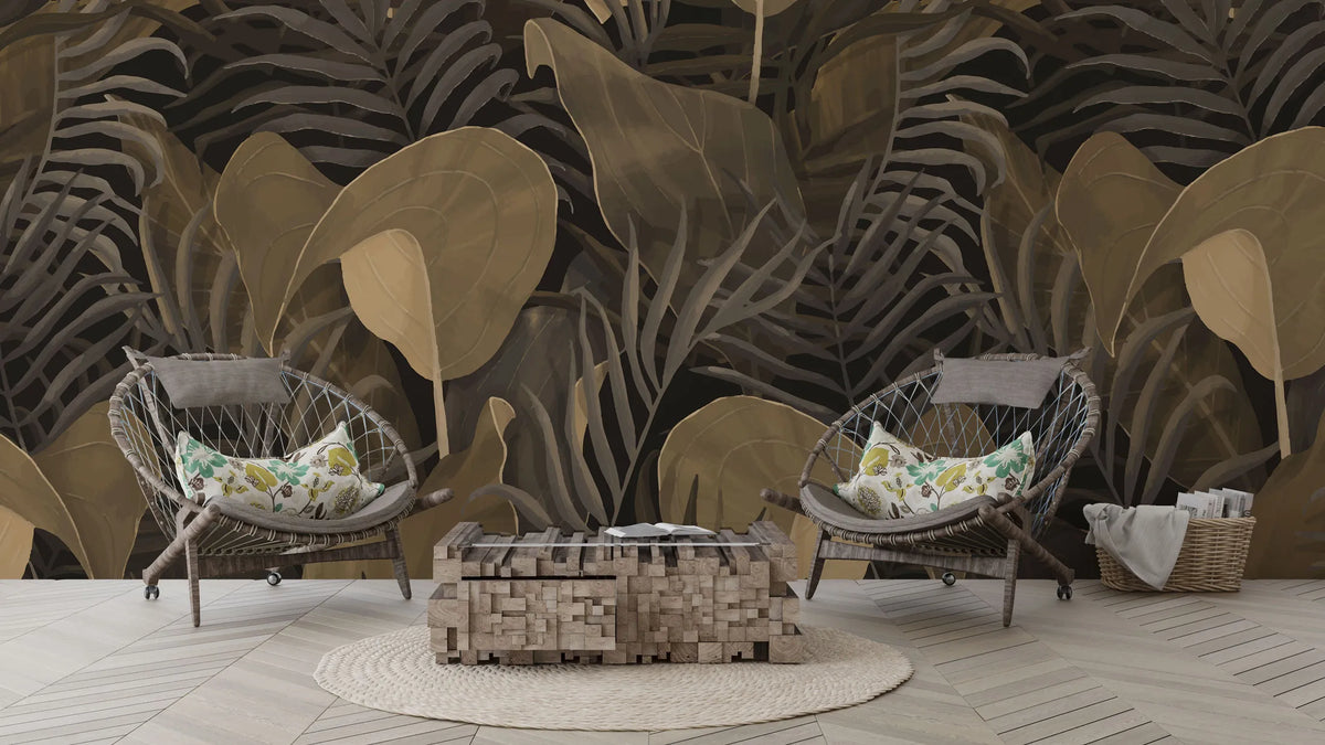 Papier peint panoramique tropical doré - Poésie Murale