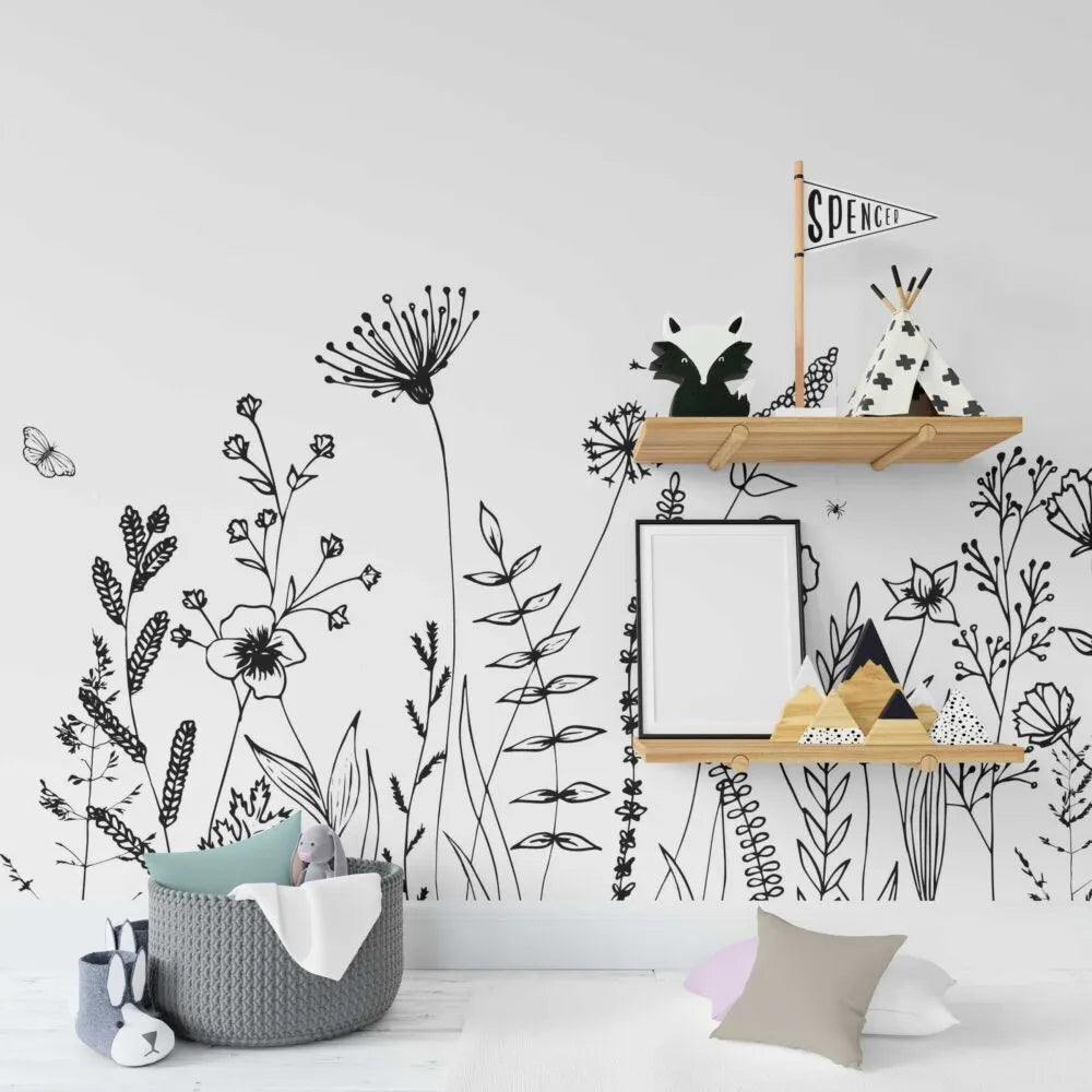 Papier peint XXL fleurs des champs noir et blanc - Poésie Murale