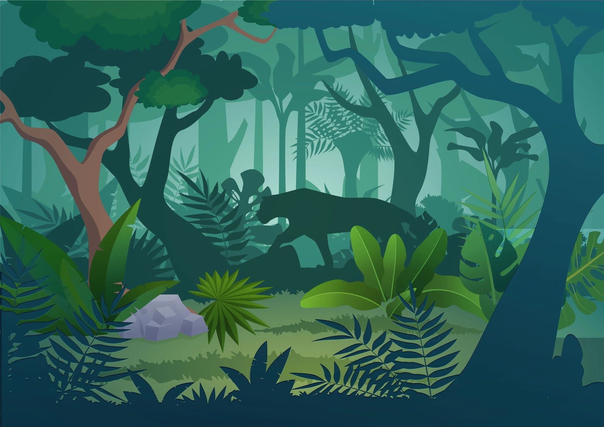 Papier peint panoramique panthère dans la forêt tropicale