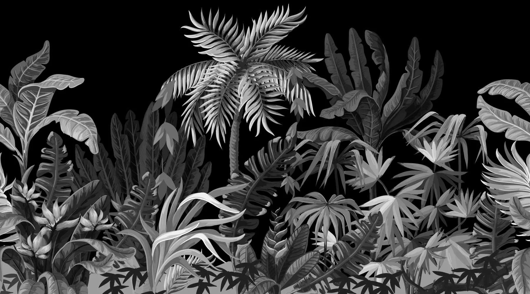 Papier peint panoramique jungle luxuriante noir et blanc
